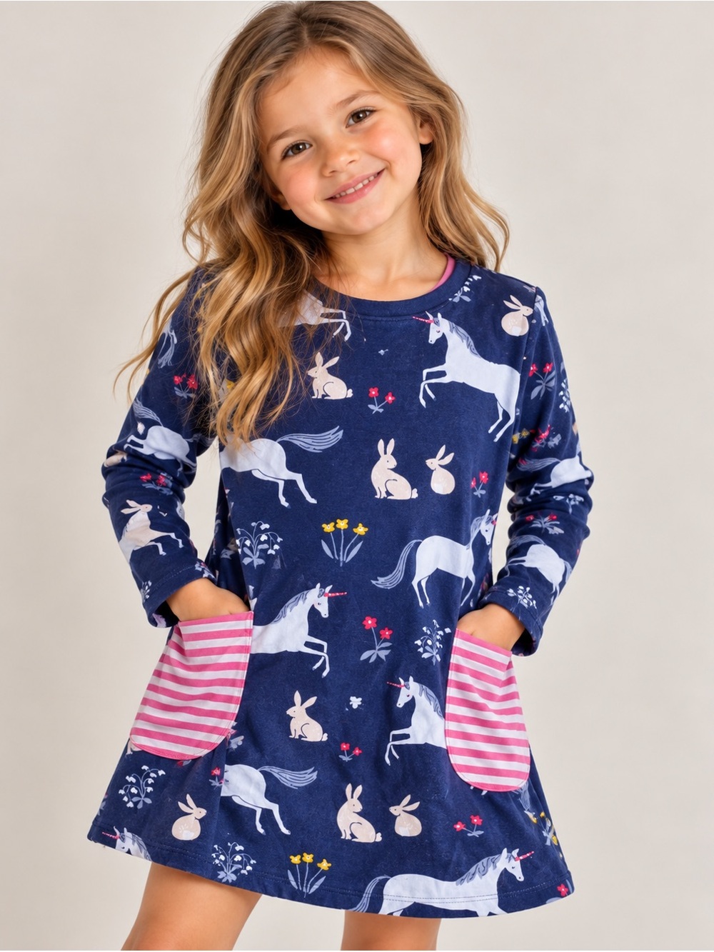 Mini Boden Navy Unicorn & Bunny Nightgown with Pink Stripe Pockets